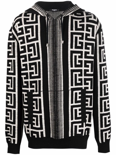 Balmain Hooded Wool Blend Sweater With All-over Monogram In Black