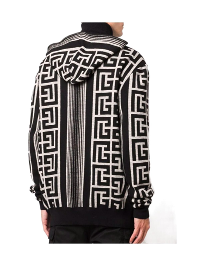 Balmain Hooded Wool Blend Sweater With All-over Monogram In Black