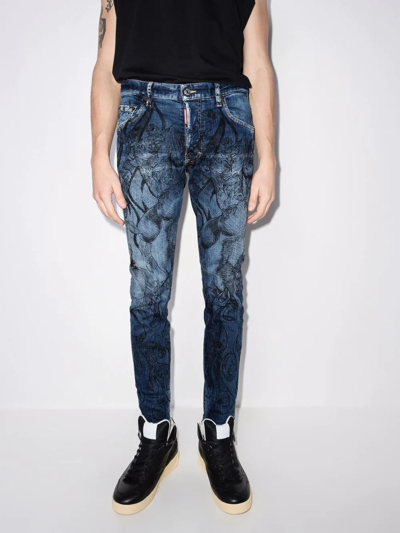 Shop Dsquared2 Floral-print Bleached-effect Skinny Jeans In Blue