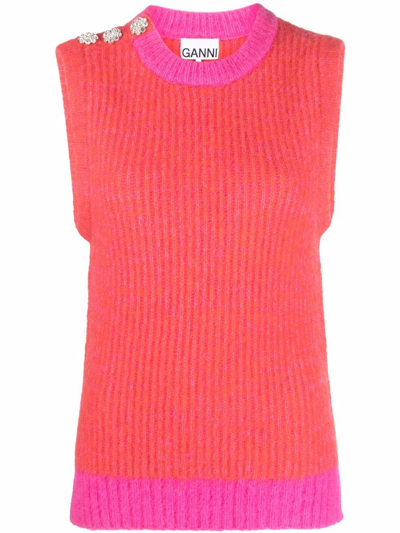 Shop Ganni Embellished Wool-blend Vest In Rosa
