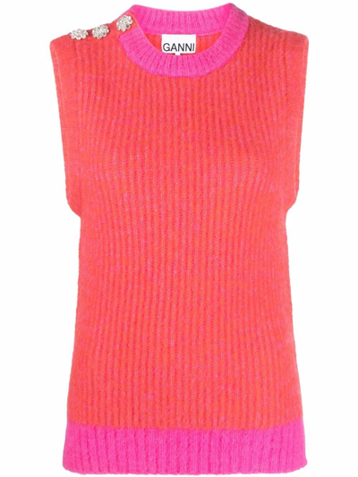 Ganni Contrasting-trimmed Regular-fit Wool-blend Vest In Rosa