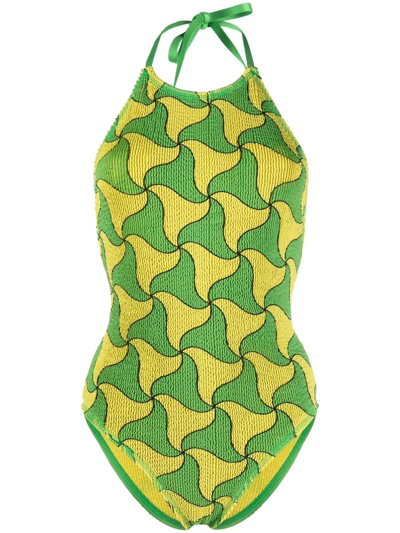 Shop Bottega Veneta Geometric-print Seersucker Swimsuit In Grün