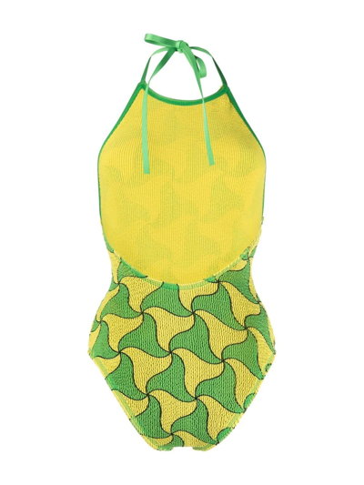 Shop Bottega Veneta Geometric-print Seersucker Swimsuit In Grün