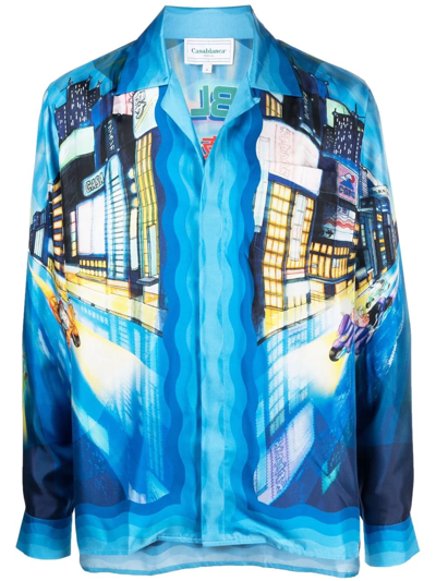 Shop Casablanca Tokyo Nights Print Silk Shirt In Blau