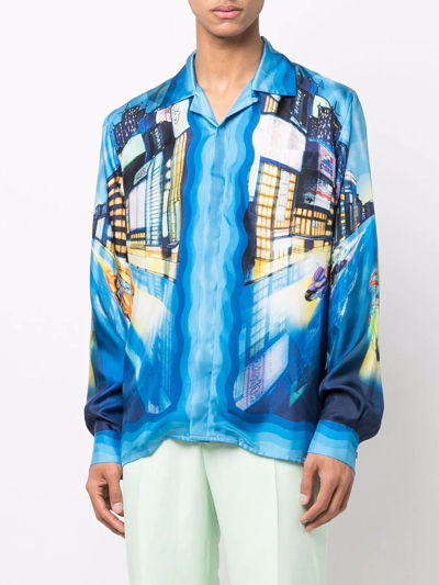 Shop Casablanca Tokyo Nights Print Silk Shirt In Blau