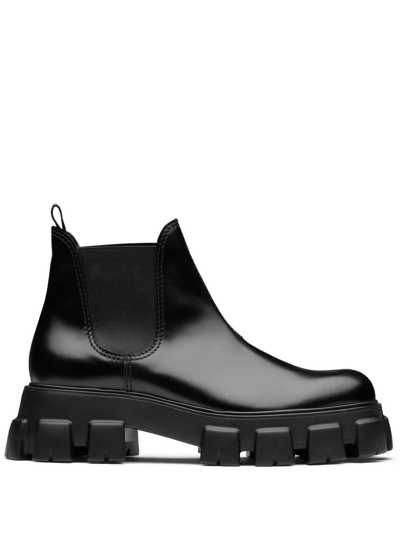 Prada `monolith` Brushed Leather Chelsea Boots In Black