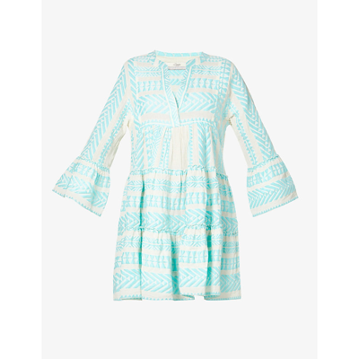Shop Devotion Ella Flared-sleeve Stretch-cotton Mini Dress In Baby Blue Off White