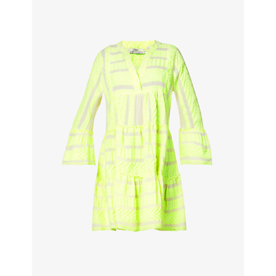 Shop Devotion Ella Flared-sleeve Stretch-cotton Mini Dress In Neon Lime Off White