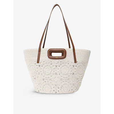Shop Maje Leather-trim Macramé Cotton Basket Bag In Naturels