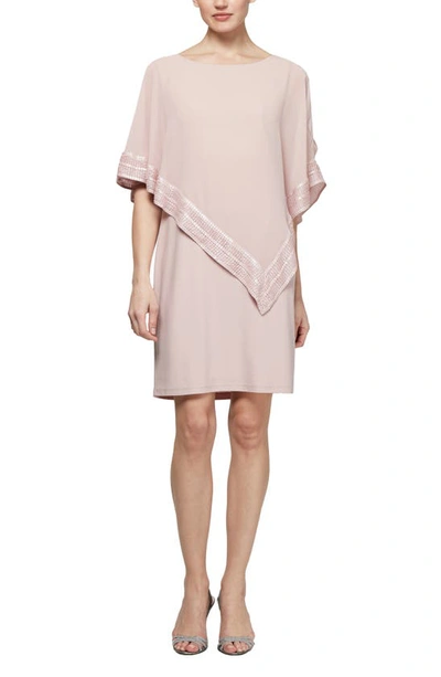 Shop Slny Foil Trim Asymmetrical Popover Capelet Sheath Dress In Faded Rose Silver