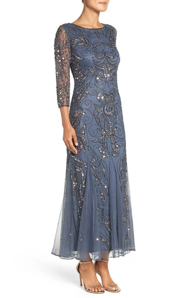 Shop Pisarro Nights Illusion Sleeve Beaded A-line Gown In Deep Slate