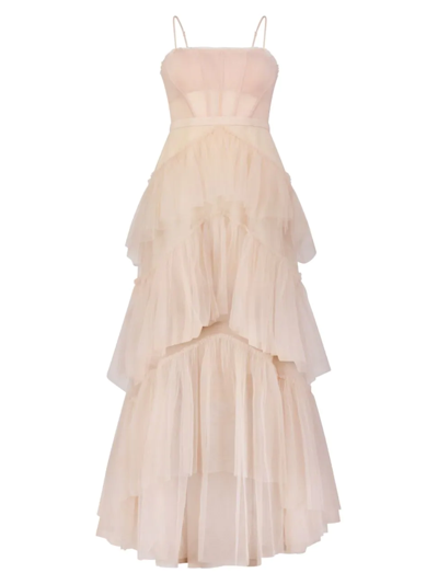 Shop Bcbgmaxazria Women's Sheer Tiered Ruffle Gown In Pink Tint