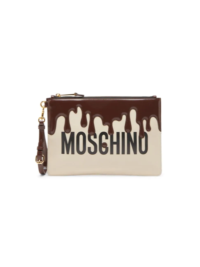 Shop Moschino Women's Leather Drip Logo Clutch In Fantasy Print Ivory