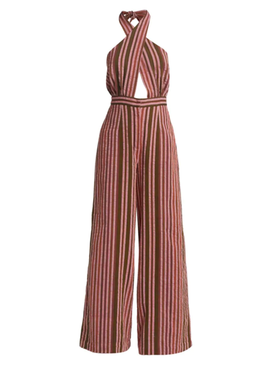 Shop Studio 189 Women's Stripe Cotton Woven Halter Jumpsuit In Orange Mixed Print