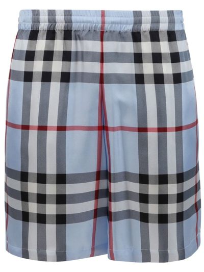 Shop Burberry Check Print Silk Shorts Pale Blue