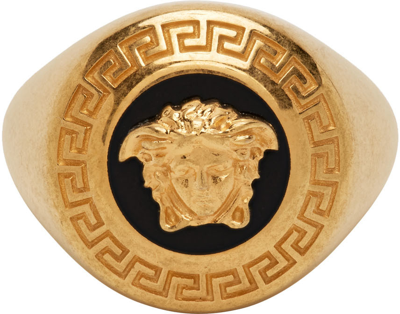 Shop Versace Gold & Black Enamel Medusa Coin Ring In K41t Black-tribute G