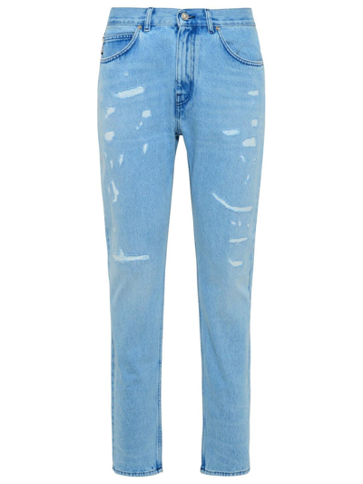 Shop Versace Distressed Straight Leg Jeans In Blue