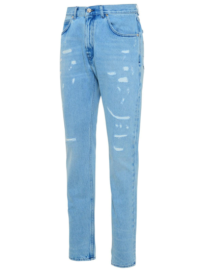 Shop Versace Distressed Straight Leg Jeans In Blue