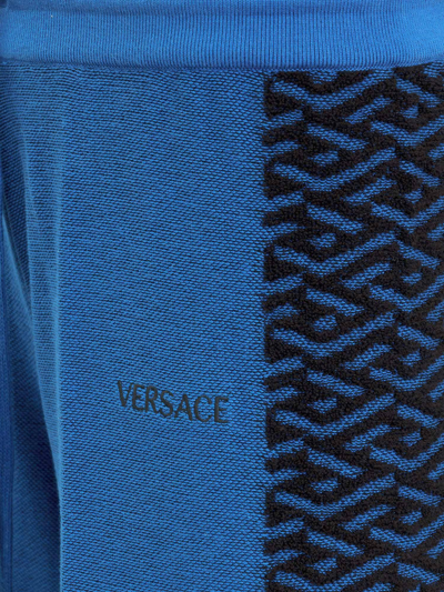 Shop Versace La Greca Drawstring Knitted Shorts In Sapphire