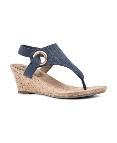 Shop White Mountain Aida Thong Wedge Sandals Women's Shoes In Denim Blue/fabric