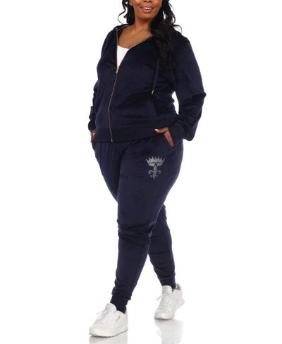 White Mark Plus Size Rhinestone Velour Tracksuit 2 Piece Set In Navy