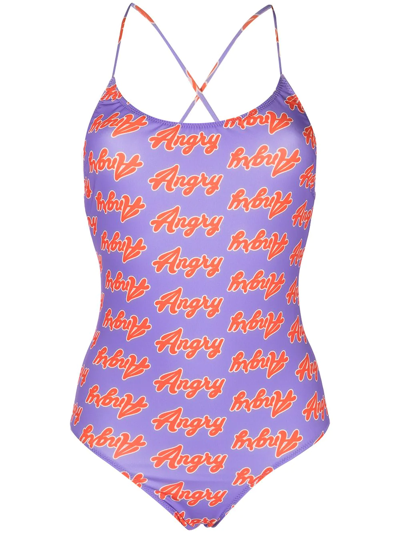 Shop Natasha Zinko Angry Print One-piece Swimsuit In Purple