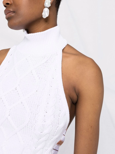 Rosie Assoulin Cropped Striped Cotton Poplin-trimmed Cable-knit Cotton Halterneck Top In White