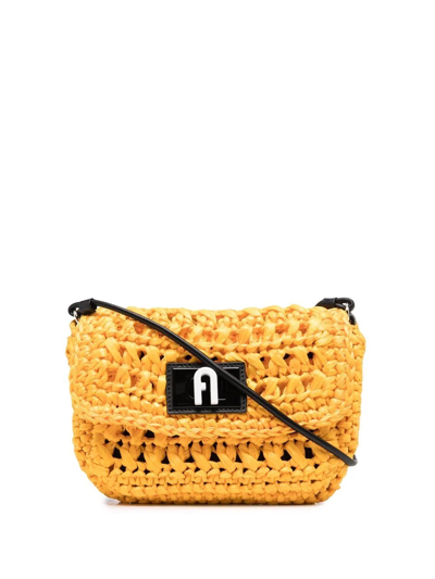 Shop Furla Woven Raffia Shoulder Bag In Gelb