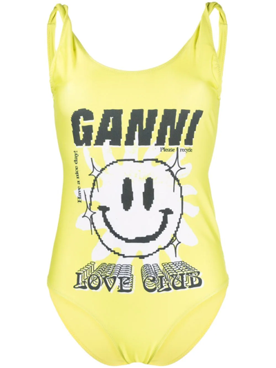 Shop Ganni Love Club Graphic Swimsuit In Gelb