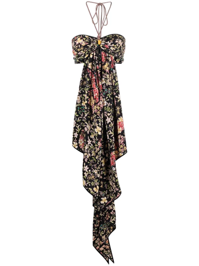 Shop Etro Floral-print Draped Silk Top In Schwarz