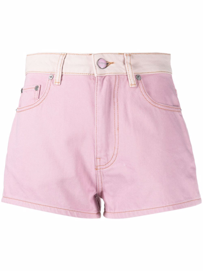 Shop Ganni Overdyed Panelled Denim Shorts In Rosa