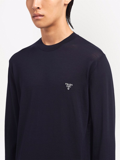 Shop Prada Embroidered-logo Wool Jumper In Blau