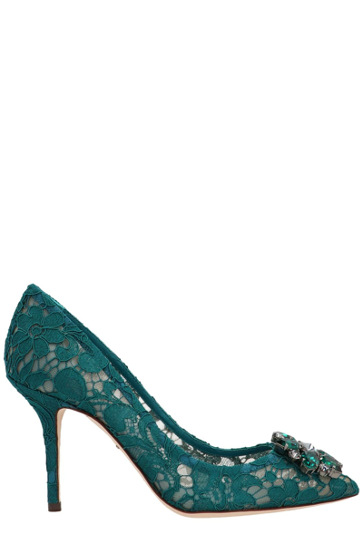 Shop Dolce & Gabbana Embellished Pointed Toe Lace Pumps In Green