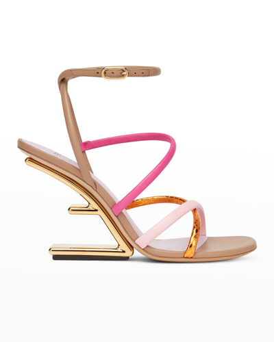 Shop Fendi Colorblock Strappy Napa Architectural-heel Sandals In Pink