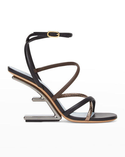 Shop Fendi Colorblock Strappy Napa Architectural-heel Sandals In Black