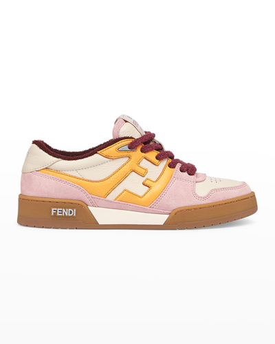 Shop Fendi Ff Mixed Leather Low-top Sneakers In Pink/orange