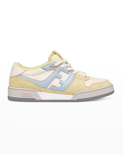 Shop Fendi Ff Mixed Leather Low-top Sneakers In Yellow/blue