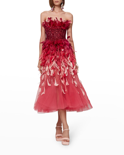 Shop Georges Hobeika Strapless Beaded Tulle Midi Dress With Ombre Feathers In Honeysuckle