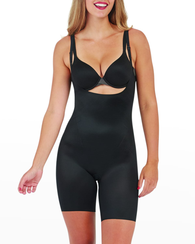 Shop Spanx Thinstincts 2.0 Open-bust Mid-thigh Bodysuit In Very Black