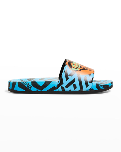 Shop Versace Boy's Greca Pool Slide Sandals In Sky Multicolor