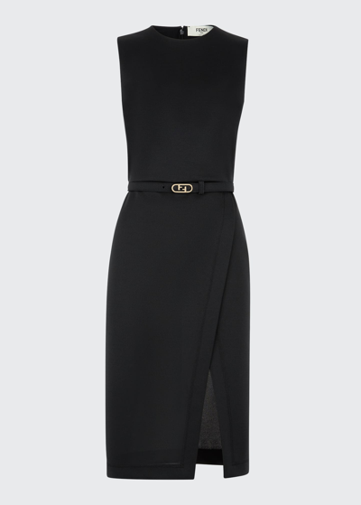 Shop Fendi Sheath Pique Jersey Midi Dress W/ Matching Belt In Black
