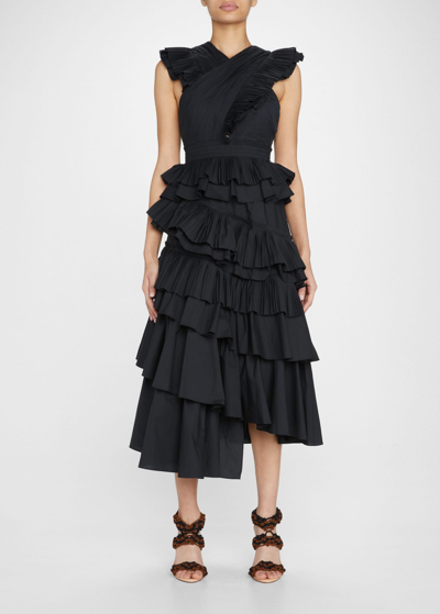 Shop Ulla Johnson Aurore Tiered Ruffle Crisscross Dress In Noir