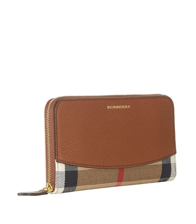 Shop Burberry Elmore Check And Leather Zip-around Wallet In Red