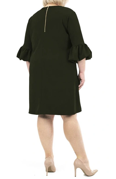 Nina Leonard Solid Three-quarter Bell Sleeve Shift Dress In Dark Olive