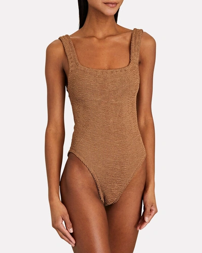 Shop Hunza G Square Neck Metallic Swimsuit In Brown