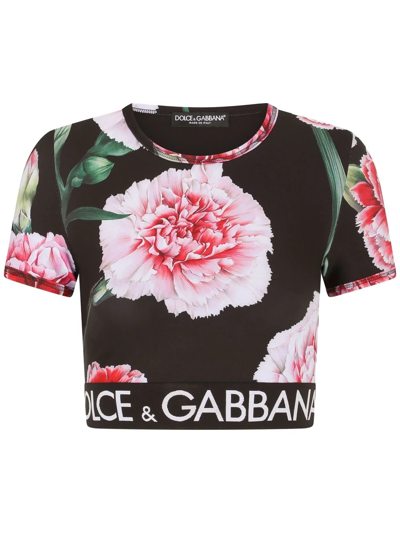 Shop Dolce & Gabbana Floral-print Cropped T-shirt In Black