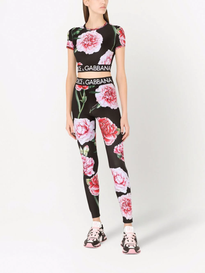 Dolce & Gabbana Floral-print Cropped Logo Band T-shirt In Black