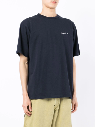 Agnès B. Logo-embroidered Cotton T-shirt In Blue