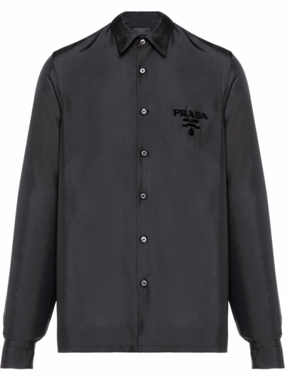 Shop Prada Embroidered-logo Silk Shirt In Schwarz