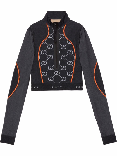 Gucci Gg-monogram Long-sleeved Jersey Crop Top In Schwarz
